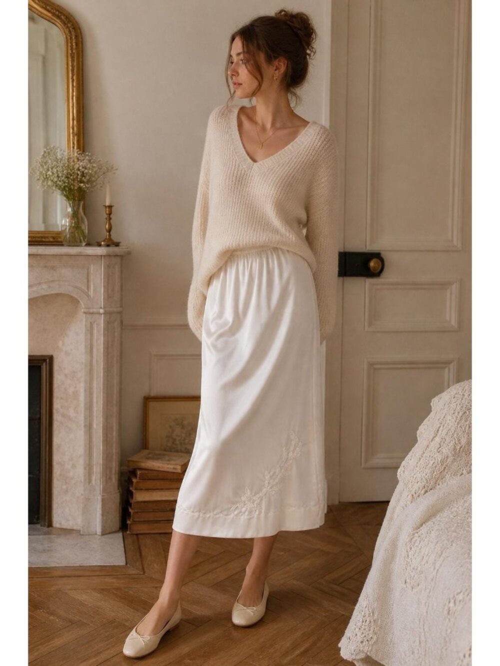 Vintage Ivory Satin Slip Skirt Midi | Lace Trim Half Slip | Romantic Cottagecore